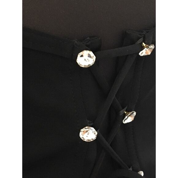 Vintage Tootsies Evening Dress L Black Rhinestone Formal High Slit Lace Up Back - Picture 8 of 10